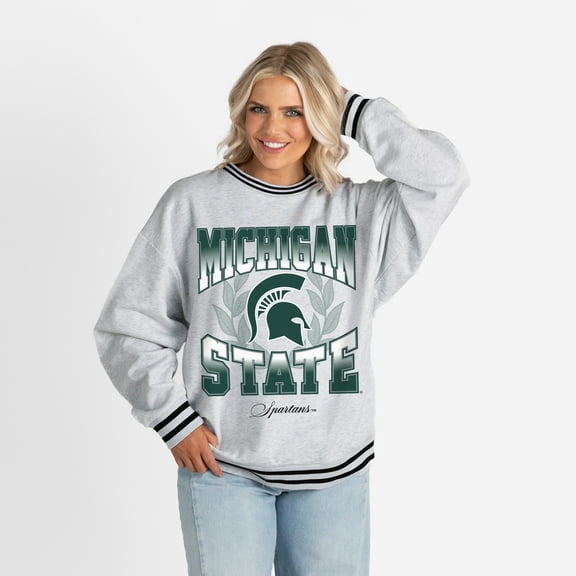 Women's Gameday Couture Ash Michigan State Spartans Oversized Fade Route Ringer Stripe Sweatshirt