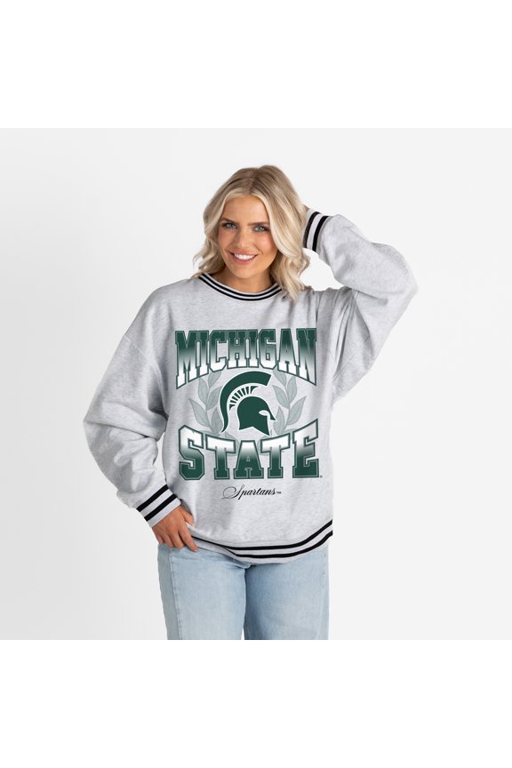 Women's Gameday Couture Ash Michigan State Spartans Oversized Fade Route Ringer Stripe Sweatshirt