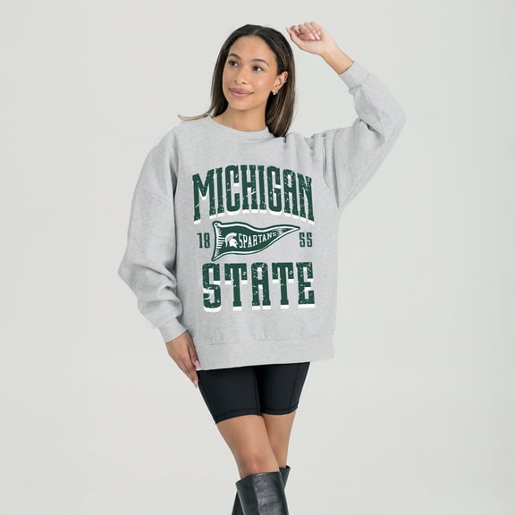 Women's Gameday Couture Ash Michigan State Spartans Oversized Pennant Pride Premium Fleece Sweatshirt