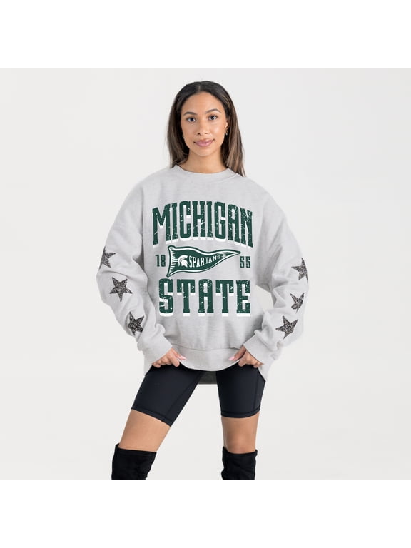 Women's Gameday Couture Ash Michigan State Spartans Oversized Pennant Pride Rhinestone Star Sleeve Sweatshirt