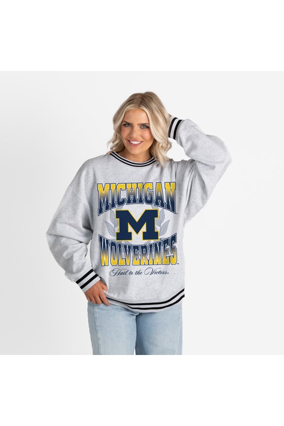Women's Gameday Couture Ash Michigan Wolverines Oversized Fade Route Ringer Stripe Sweatshirt