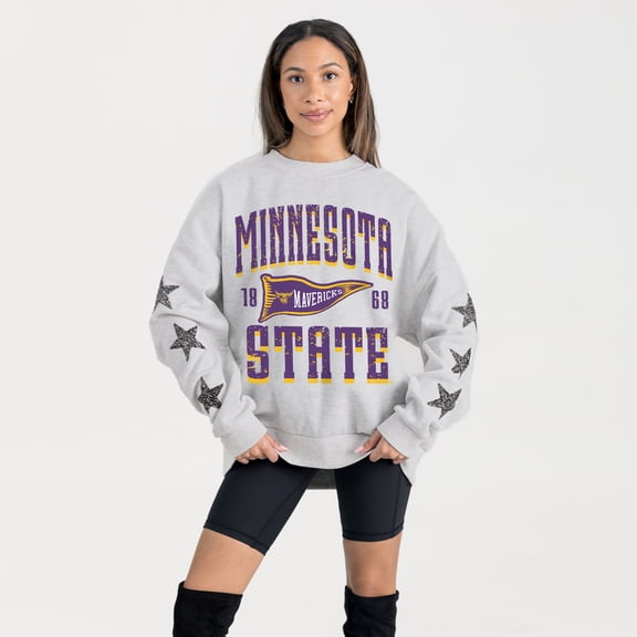 Women's Gameday Couture Ash Minnesota State University, Mankato Oversized Pennant Pride Rhinestone Star Sleeve