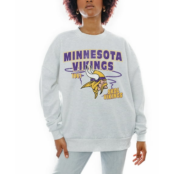 Women's Gameday Couture Ash Minnesota Vikings Gridiron Goals Premium Drop Shoulder Pullover Sweatshirt
