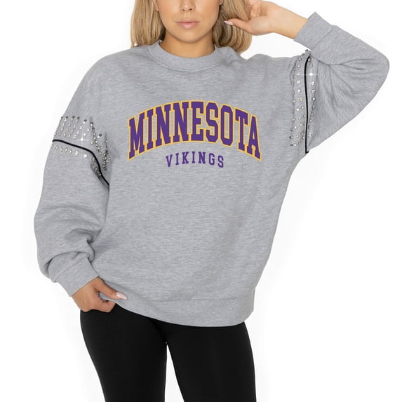 Women's Gameday Couture Ash Minnesota Vikings Rhinestone Drop Shoulder Oversized Fleece Pullover Sweatshirt