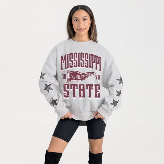 Women's Gameday Couture Ash Mississippi State Bulldogs Oversized Pennant Pride Rhinestone Star Sleeve Sweatshirt