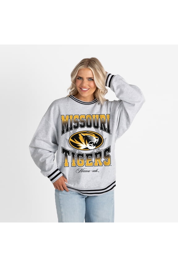 Women's Gameday Couture Ash Missouri Tigers Oversized Fade Route Ringer Stripe Sweatshirt