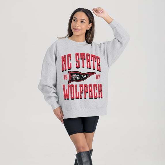 Women's Gameday Couture Ash NC State Wolfpack Oversized Pennant Pride Premium Fleece Sweatshirt