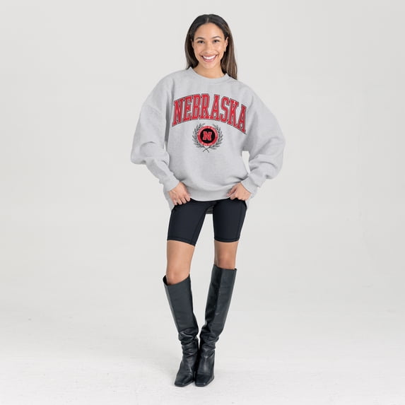 Women's Gameday Couture Ash Nebraska Huskers Oversized Tradition Refined Premium Fleece Sweatshirt