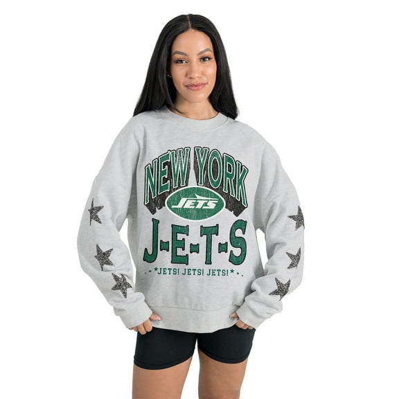 Women's Gameday Couture  Ash New York Jets Resilience Relaxed Rhinestone Pullover Sweatshirt