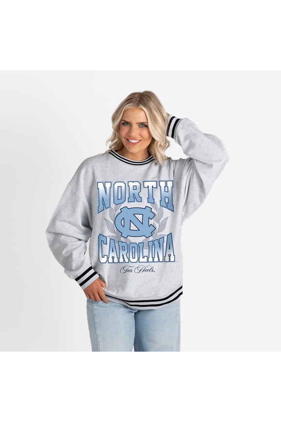 Women's Gameday Couture Ash North Carolina Tar Heels Oversized Fade Route Ringer Stripe Sweatshirt