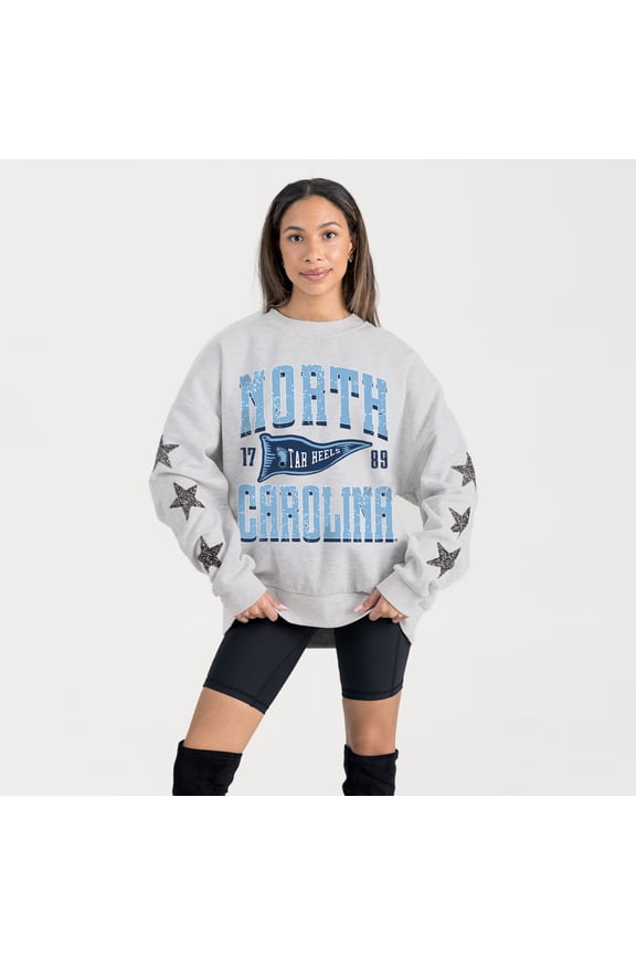 Women's Gameday Couture Ash North Carolina Tar Heels Oversized Pennant Pride Rhinestone Star Sleeve Sweatshirt