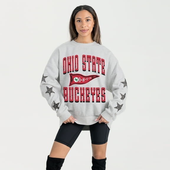 Women's Gameday Couture Ash Ohio State Buckeyes Oversized Pennant Pride Rhinestone Star Sleeve Sweatshirt