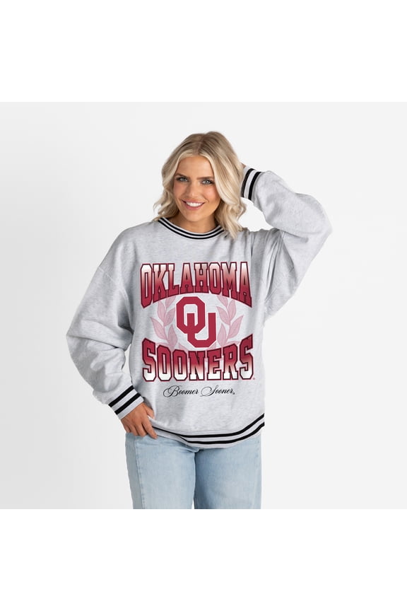 Women's Gameday Couture Ash Oklahoma Sooners Oversized Fade Route Ringer Stripe Sweatshirt