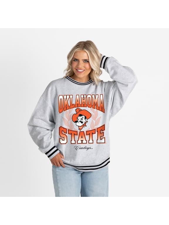 Women's Gameday Couture Ash Oklahoma State Cowboys Oversized Fade Route Ringer Stripe Sweatshirt
