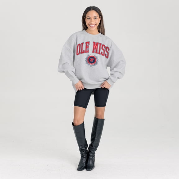 Women's Gameday Couture Ash Ole Miss Rebels Oversized Tradition Refined Premium Fleece Sweatshirt