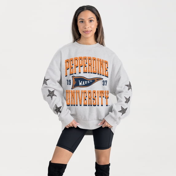 Women's Gameday Couture Ash Pepperdine Waves Oversized Pennant Pride Rhinestone Star Sleeve Sweatshirt