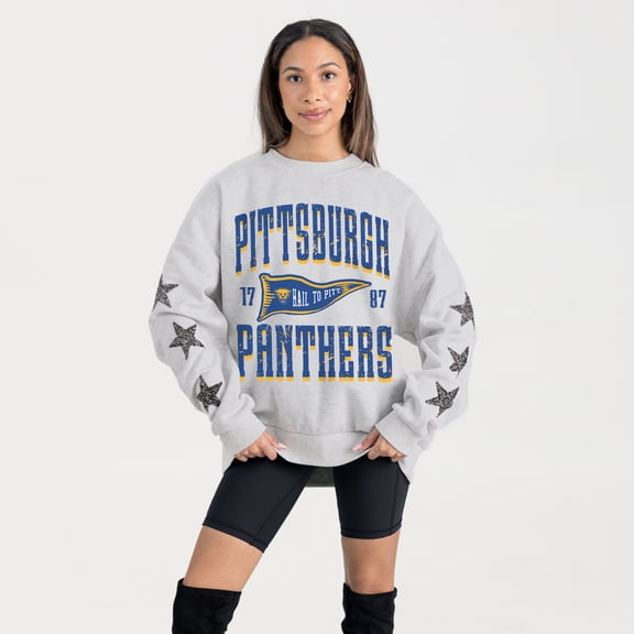 Women's Gameday Couture Ash Pitt Panthers Oversized Pennant Pride Rhinestone Star Sleeve Sweatshirt