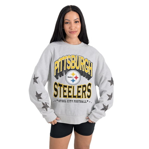 Women's Gameday Couture Ash Pittsburgh Steelers Resilience Relaxed Rhinestone Pullover Sweatshirt
