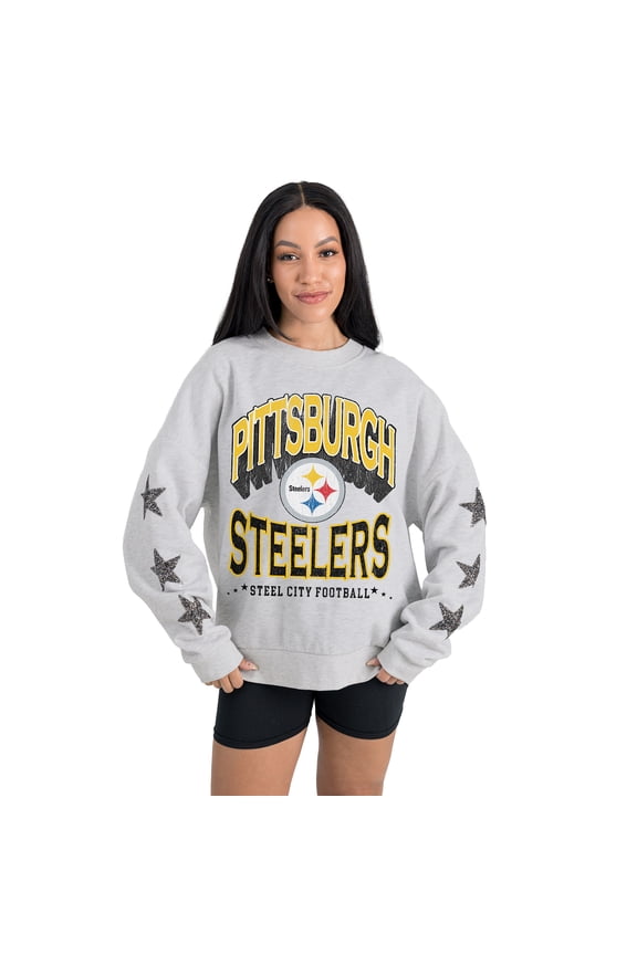 Women's Gameday Couture Ash Pittsburgh Steelers Resilience Relaxed Rhinestone Pullover Sweatshirt