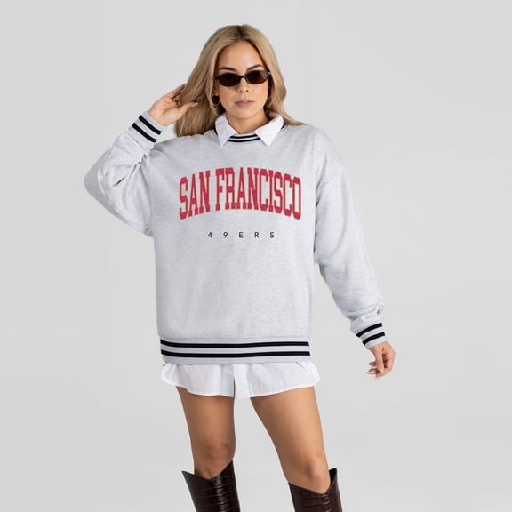 Women's Gameday Couture Ash San Francisco 49ers Oversized Easy Energy Ringer Stripe Sweatshirt