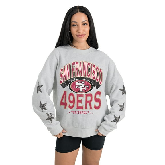 Women's Gameday Couture  Ash San Francisco 49ers Resilience Relaxed Rhinestone Pullover Sweatshirt