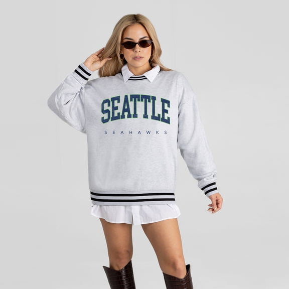 Women's Gameday Couture Ash Seattle Seahawks Oversized Easy Energy Ringer Stripe Sweatshirt