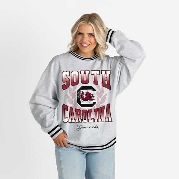 Women's Gameday Couture Ash South Carolina Gamecocks Oversized Fade Route Ringer Stripe Sweatshirt