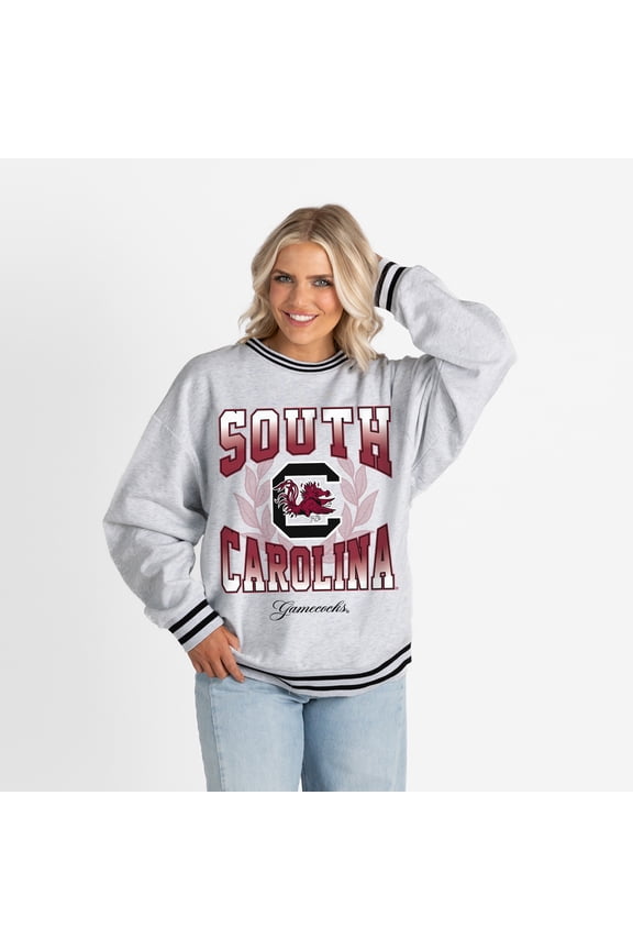 Women's Gameday Couture Ash South Carolina Gamecocks Oversized Fade Route Ringer Stripe Sweatshirt