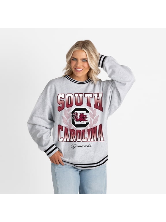 Women's Gameday Couture Ash South Carolina Gamecocks Oversized Fade Route Ringer Stripe Sweatshirt