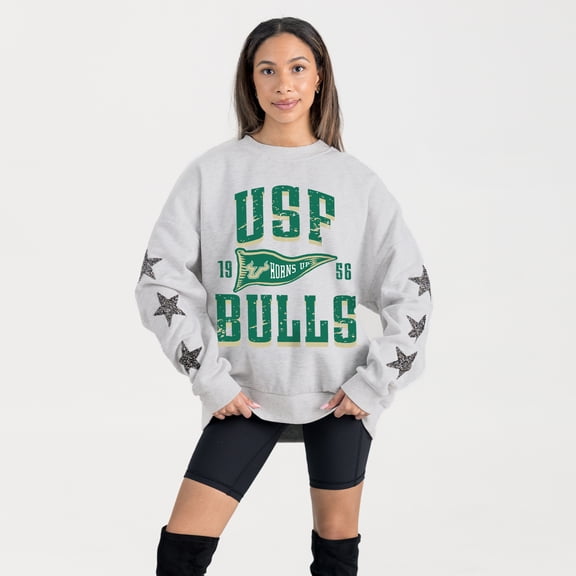 Women's Gameday Couture Ash South Florida Bulls Oversized Pennant Pride Rhinestone Star Sleeve Sweatshirt