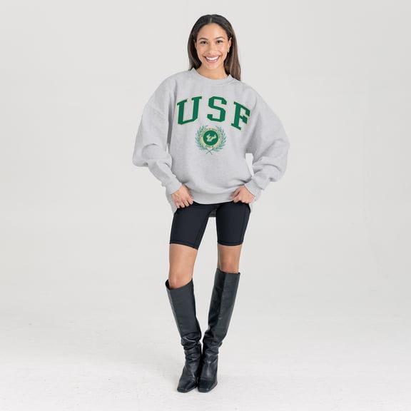Women's Gameday Couture Ash South Florida Bulls Oversized Tradition Refined Premium Fleece Sweatshirt