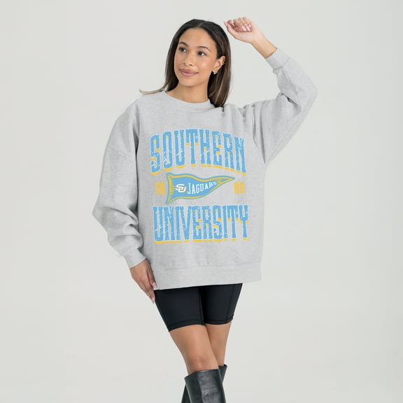 Women's Gameday Couture Ash Southern University Jaguars Oversized Pennant Pride Premium Fleece Sweatshirt