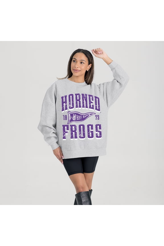 Women's Gameday Couture Ash TCU Horned Frogs Oversized Pennant Pride Premium Fleece Sweatshirt
