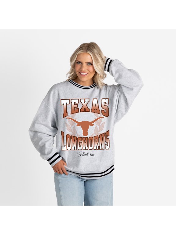 Women's Gameday Couture Ash Texas Longhorns Oversized Fade Route Ringer Stripe Sweatshirt