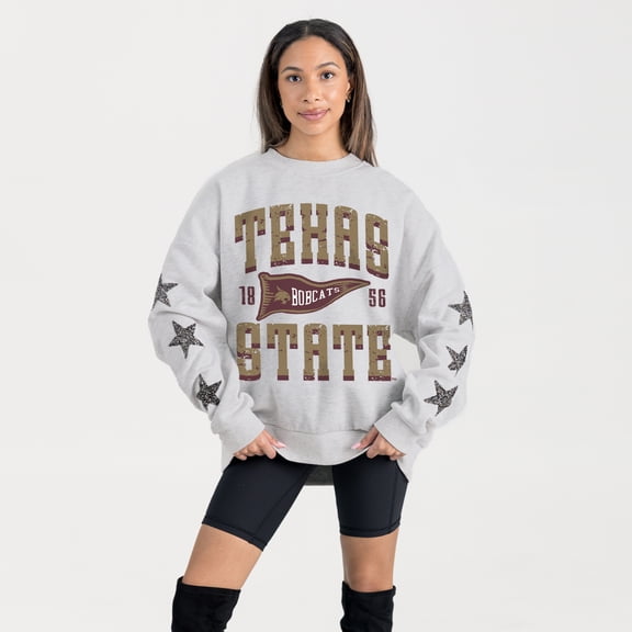 Women's Gameday Couture Ash Texas State Bobcats Oversized Pennant Pride Rhinestone Star Sleeve Sweatshirt