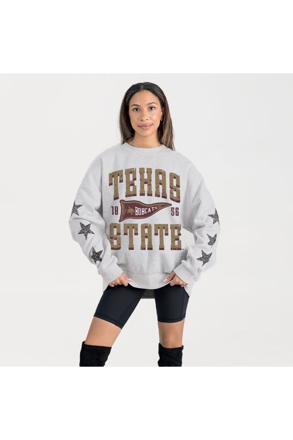 Women's Gameday Couture Ash Texas State Bobcats Oversized Pennant Pride Rhinestone Star Sleeve Sweatshirt