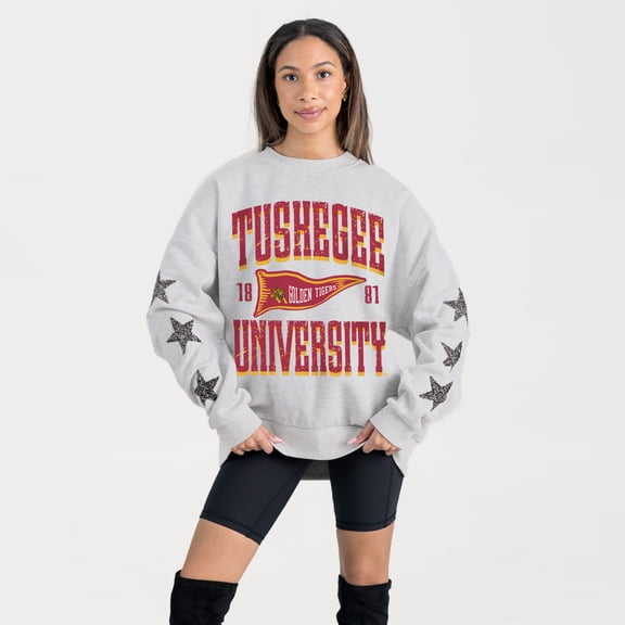 Women's Gameday Couture Ash Tuskegee Golden Tigers Oversized Pennant Pride Rhinestone Star Sleeve Sweatshirt