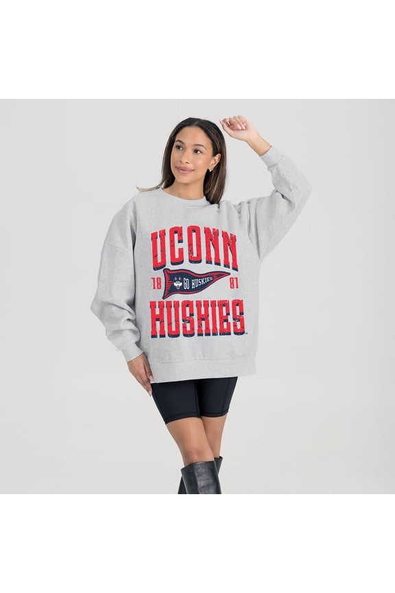 Women's Gameday Couture Ash UConn Huskies Oversized Pennant Pride Premium Fleece Sweatshirt