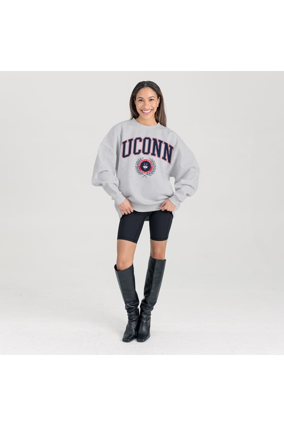 Women's Gameday Couture Ash UConn Huskies Oversized Tradition Refined Premium Fleece Sweatshirt