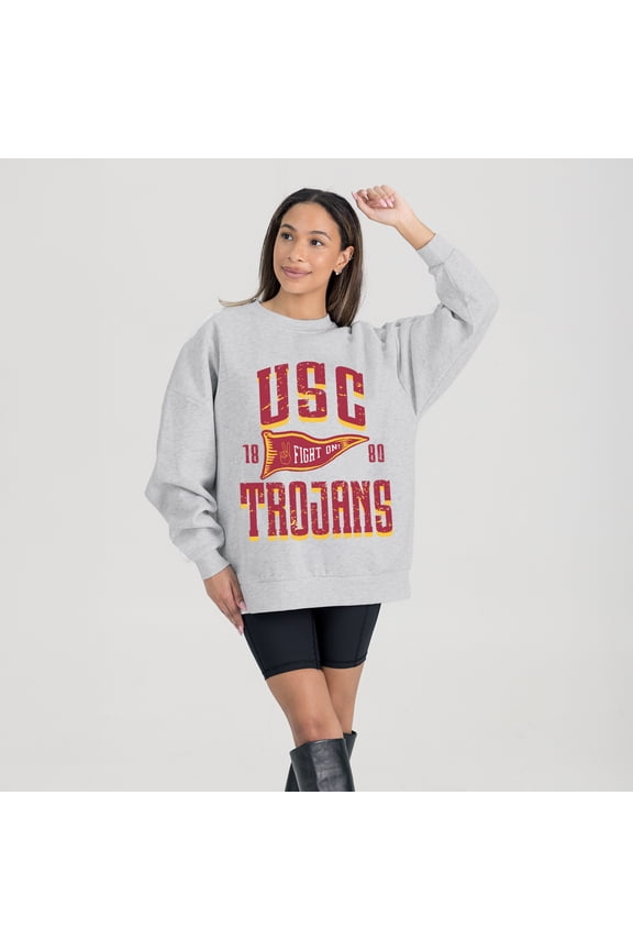 Women's Gameday Couture Ash USC Trojans Oversized Pennant Pride Premium Fleece Sweatshirt