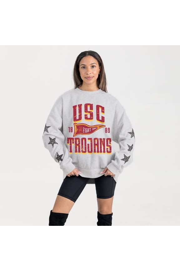Women's Gameday Couture Ash USC Trojans Oversized Pennant Pride Rhinestone Star Sleeve Sweatshirt