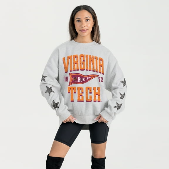 Women's Gameday Couture Ash Virginia Tech Hokies Oversized Pennant Pride Rhinestone Star Sleeve Sweatshirt