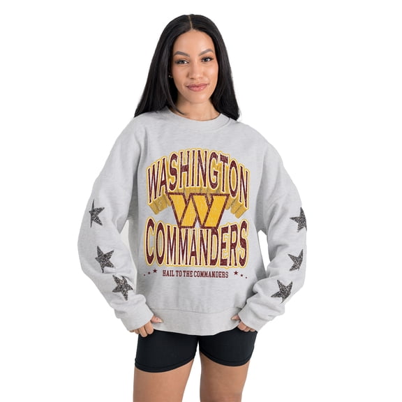 Women's Gameday Couture Ash Washington Commanders Resilience Relaxed Rhinestone Pullover Sweatshirt