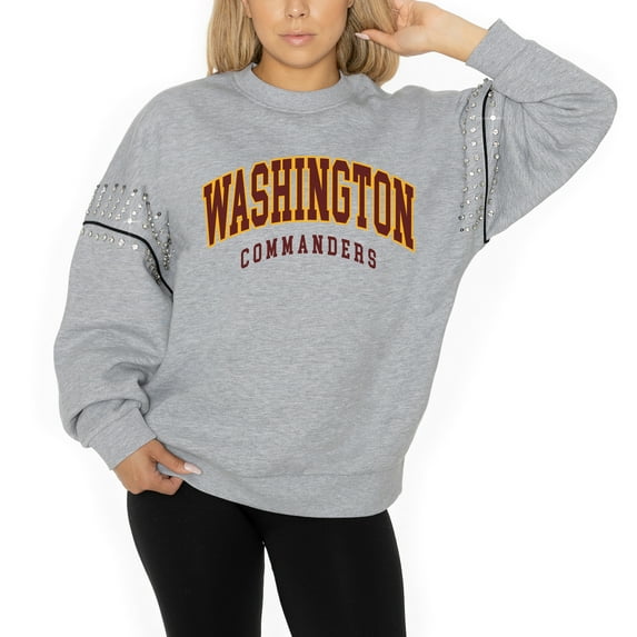 Women's Gameday Couture Ash Washington Commanders Rhinestone Drop Shoulder Oversized Fleece Pullover Sweatshirt