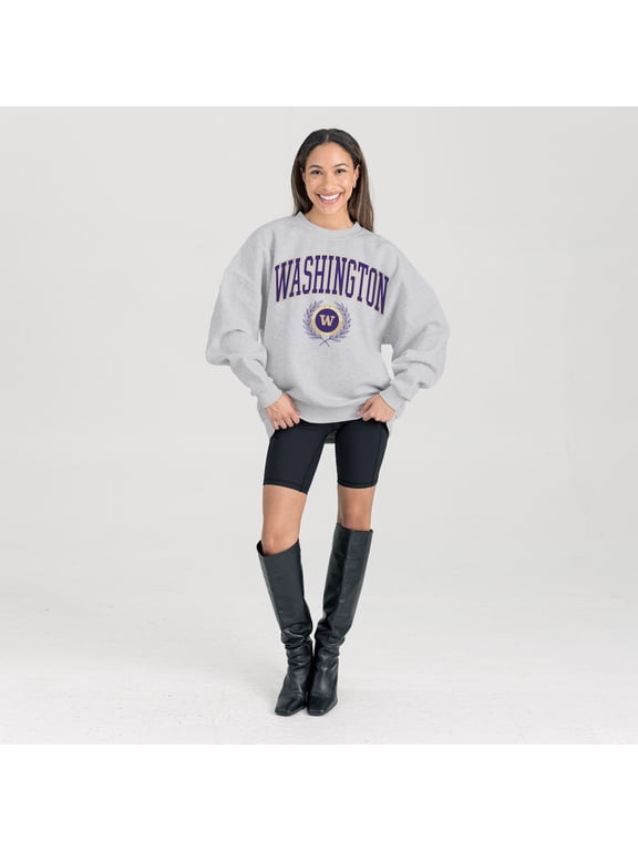 Women's Gameday Couture Ash Washington Huskies Oversized Tradition Refined Premium Fleece Sweatshirt