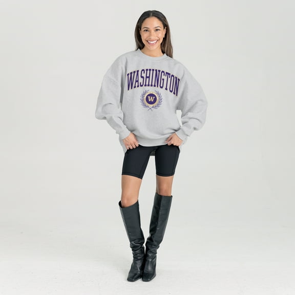 Women's Gameday Couture Ash Washington Huskies Oversized Tradition Refined Premium Fleece Sweatshirt