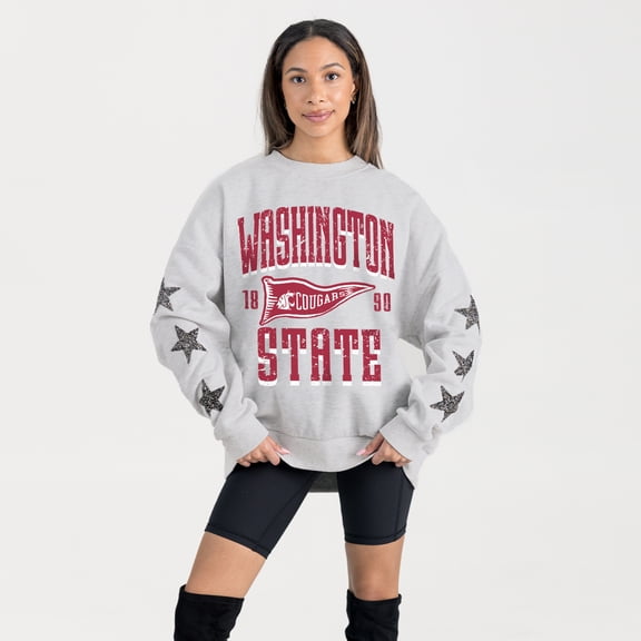 Women's Gameday Couture Ash Washington State Cougars Oversized Pennant Pride Rhinestone Star Sleeve Sweatshirt