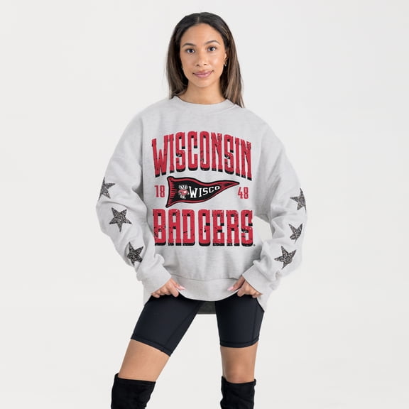 Women's Gameday Couture Ash Wisconsin Badgers Oversized Pennant Pride Rhinestone Star Sleeve Sweatshirt