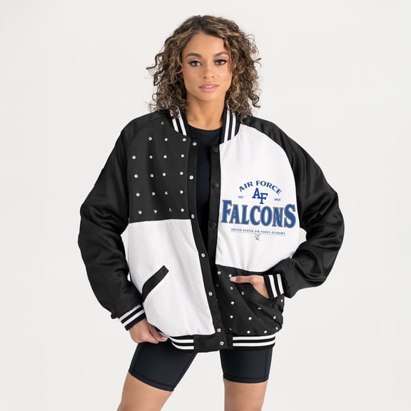 Women's Gameday Couture Black Air Force Falcons Oversized Inner Drive Varsity Rhinestone Full-Snap Bomber Jacket