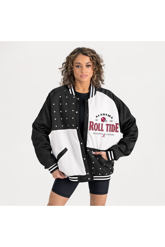 Women's Gameday Couture Black Alabama Crimson Tide Oversized Inner Drive Varsity Rhinestone Full-Snap Bomber Jacket
